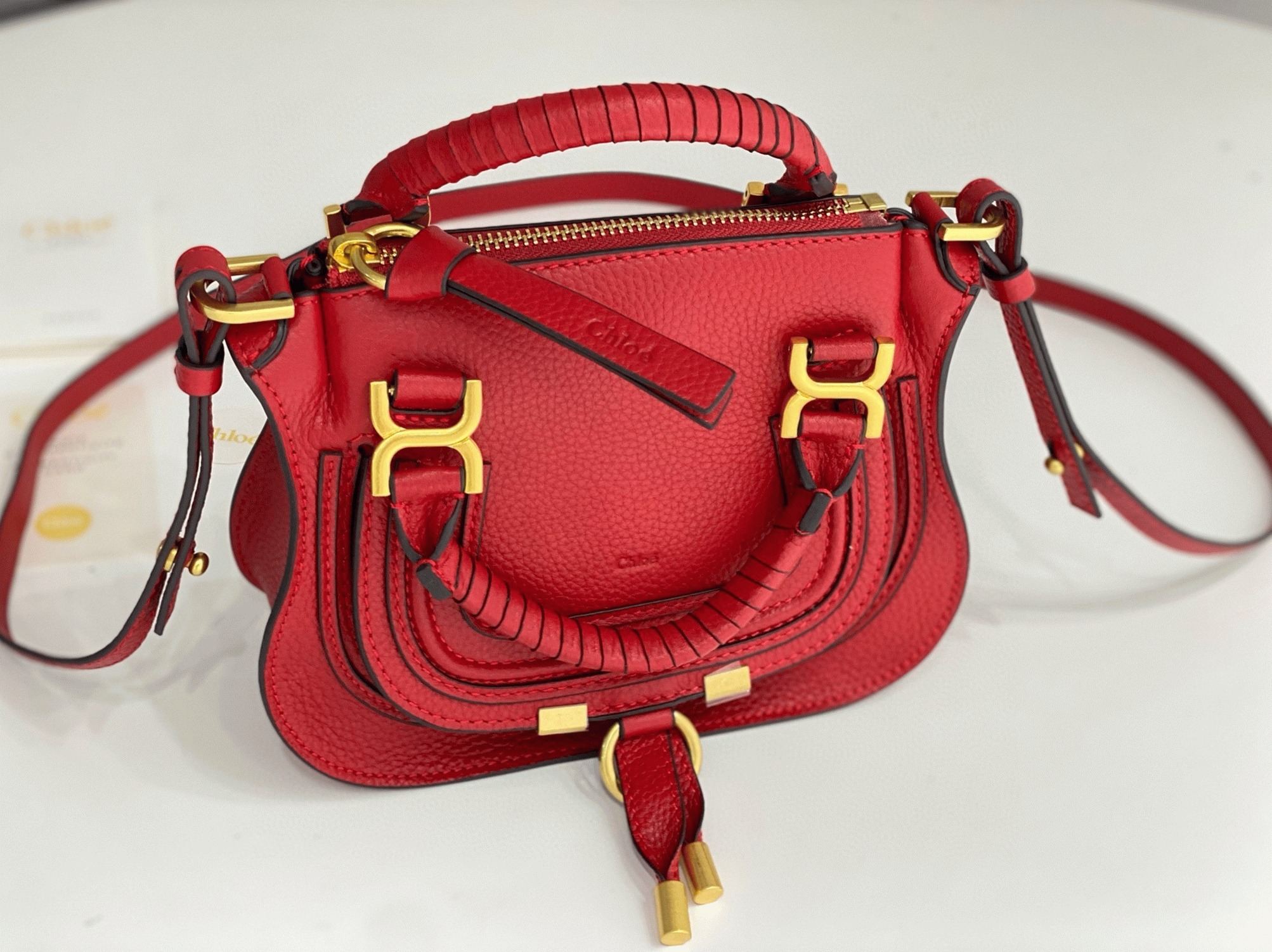 top quality knockoff Ch10e marcie mini double carry bag in red grained leather