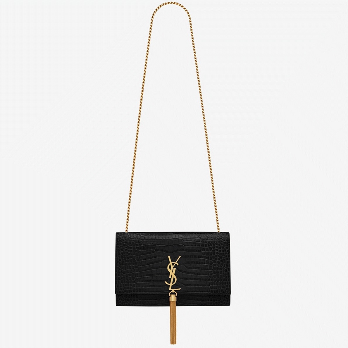 Replica Sa1nt Lau*nt Kate Medium Tassel Bag Black Crocodile-embossed Leather