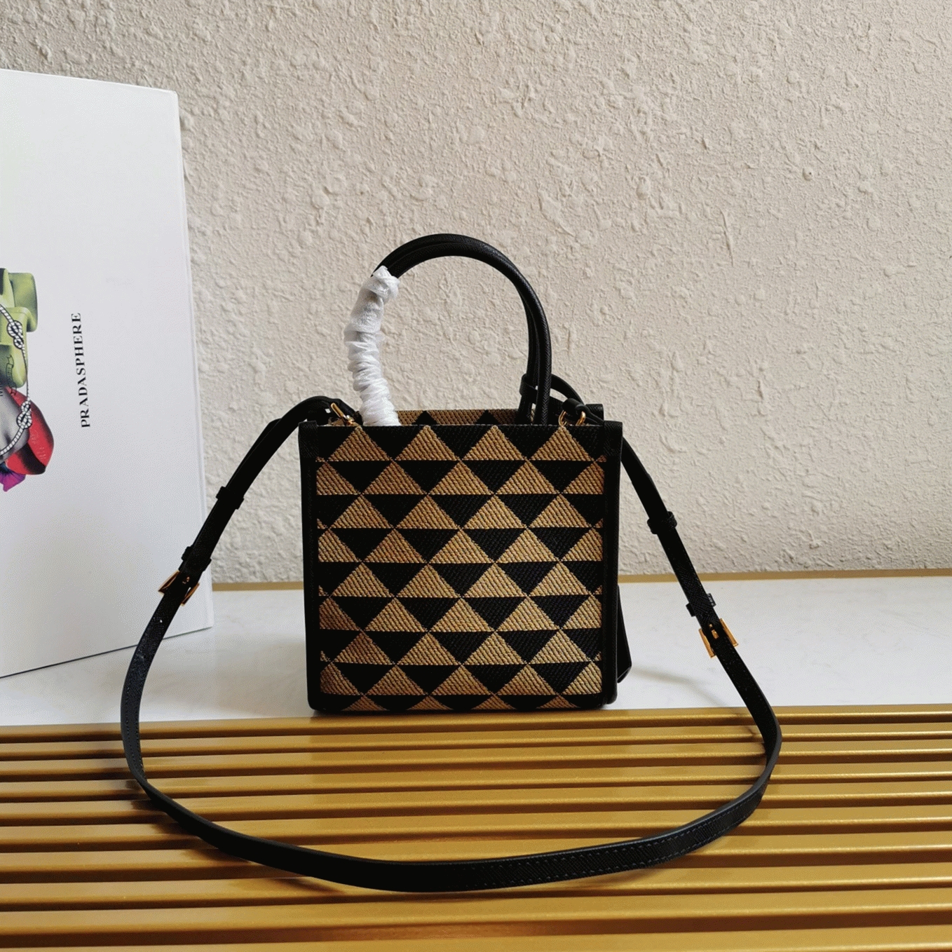 Pra*a Symbole Micro Bag Fake in Black/Beige Jacquard Fabric