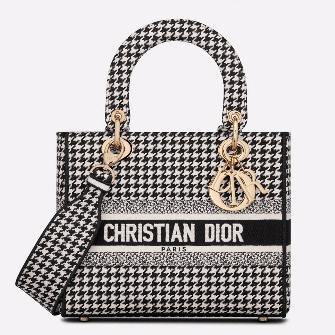 D10r Lady D-Lite Medium Bag Replica in Black White Houndstooth Embroidery