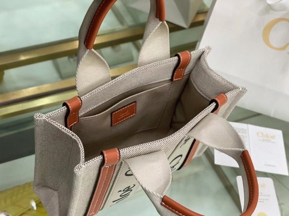 top quality knockoff Ch10e small woody tote bag in canvas with brown leather strips