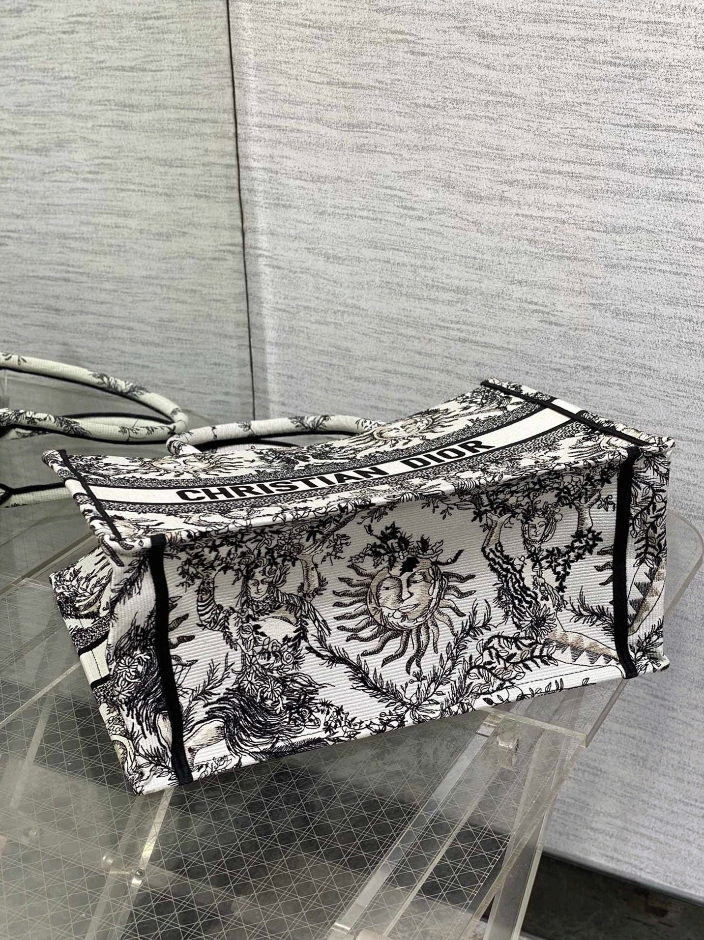 D10r Large Book Tote Bag Fake in White Toile de Jouy Soleil Embroidery