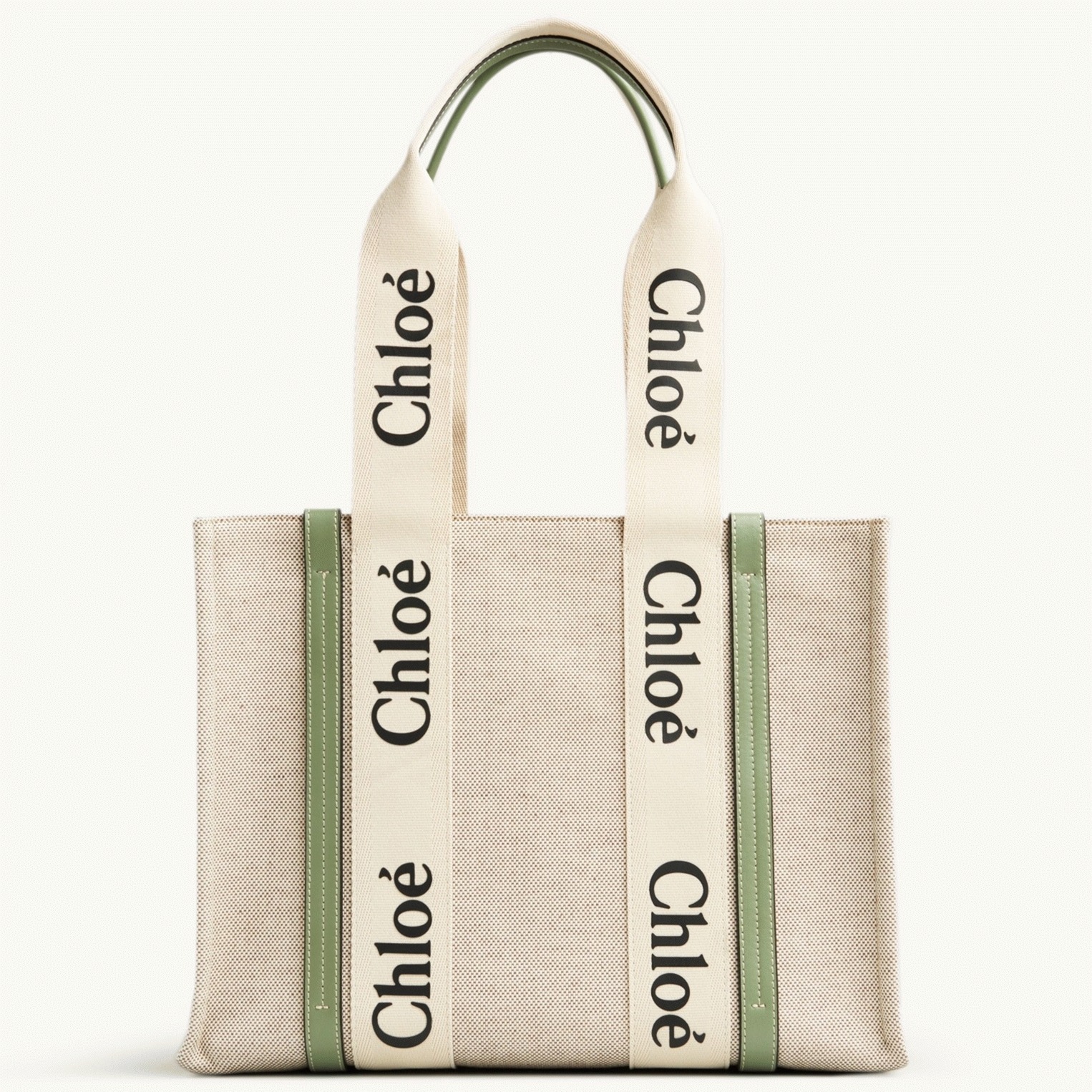 top quality fake Ch10e medium woody tote bag in canvas with green leather strips