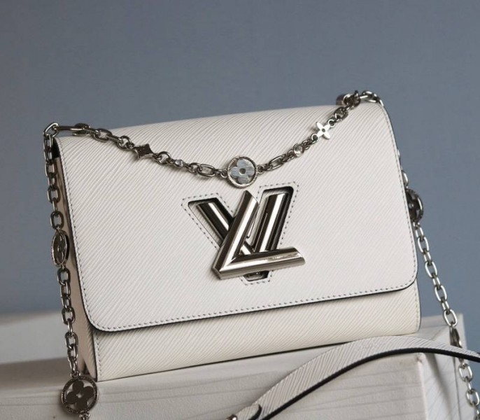 L0vis Vvtt0n Epi Leather Twist MM With Flowers Jewels Chain Bag In Optic White