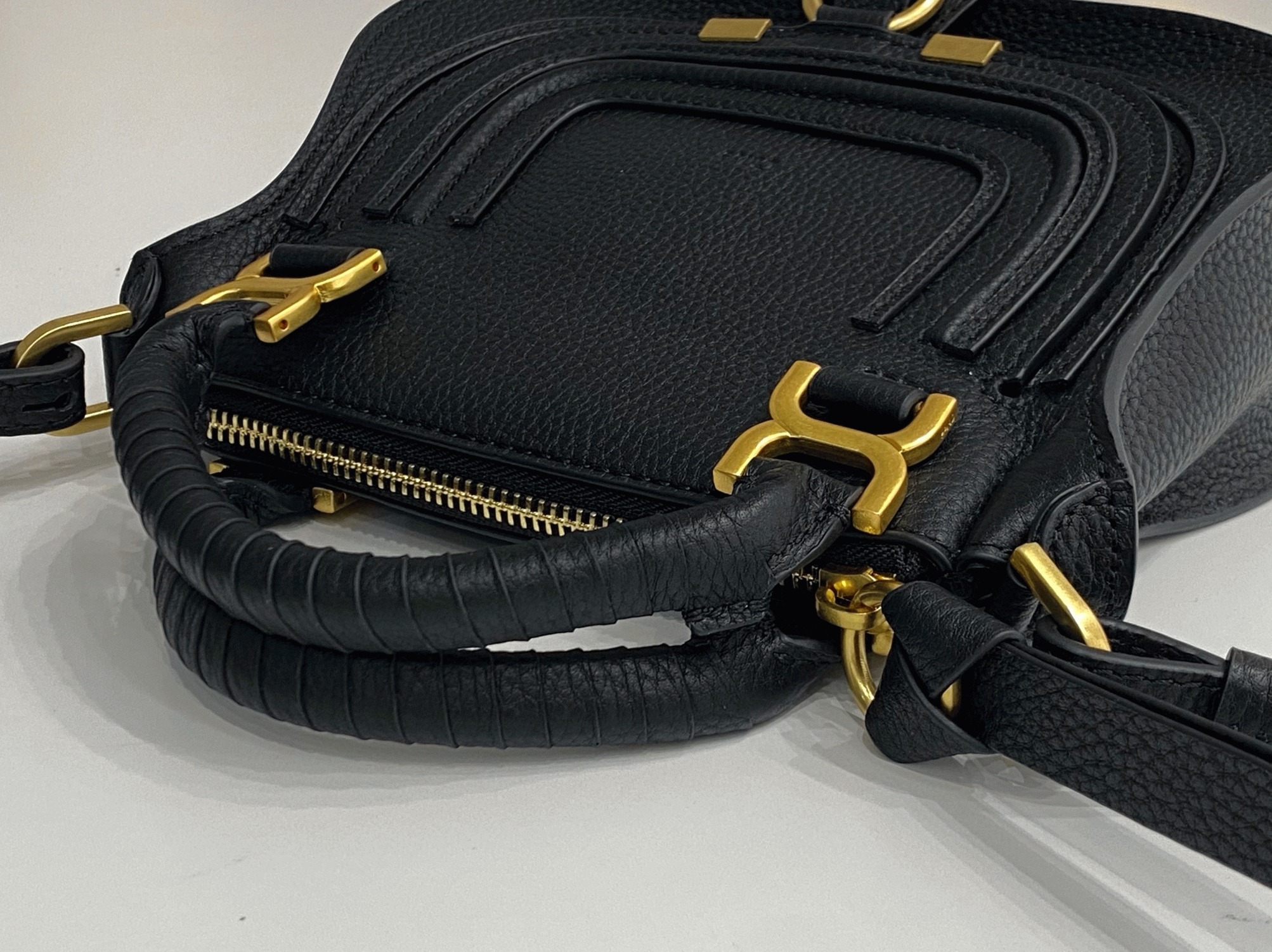 top quality knockoff Ch10e marcie mini double carry bag in black grained leather