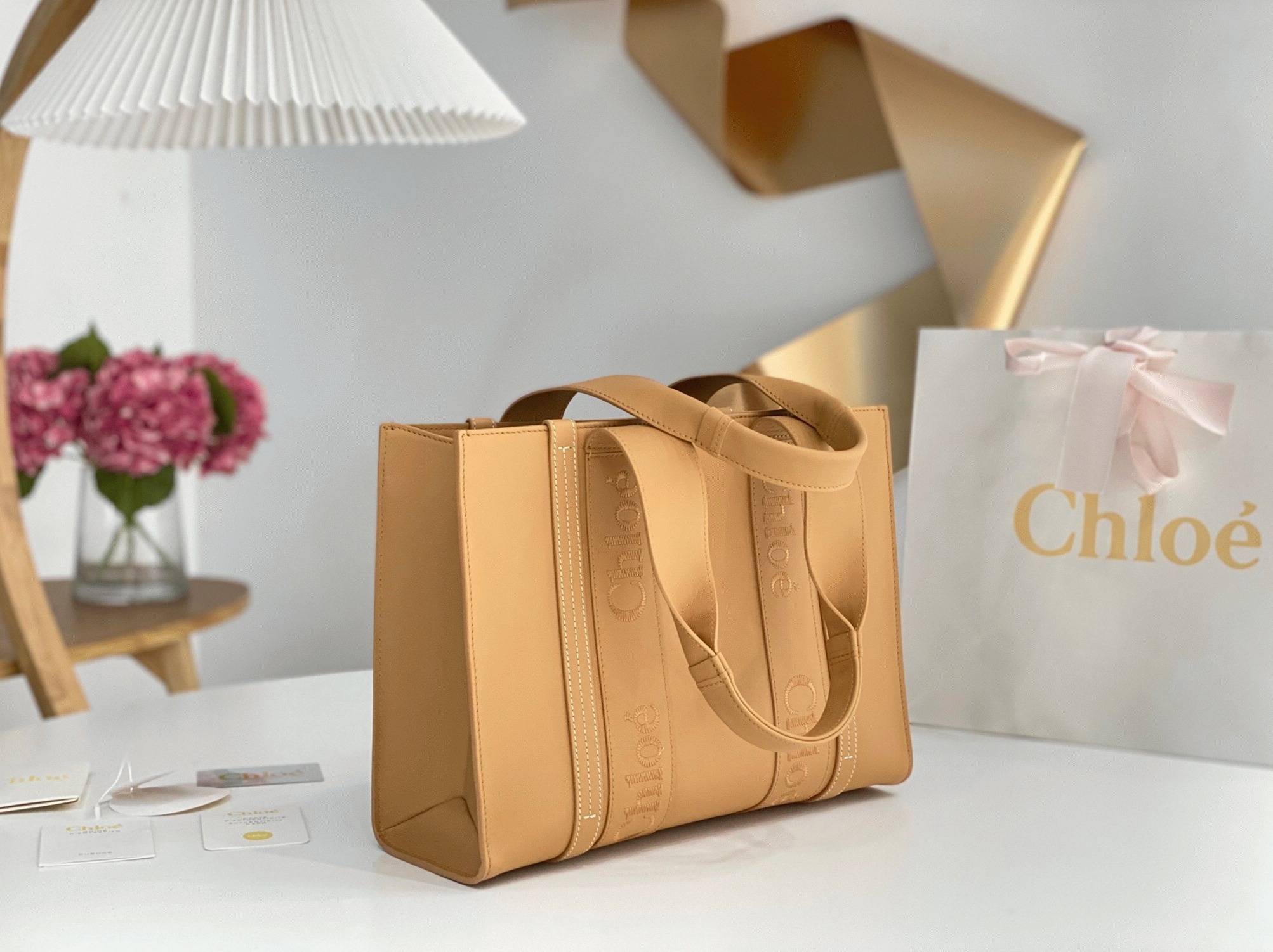top quality knockoff Ch10e woody medium tote bag in beige calfskin