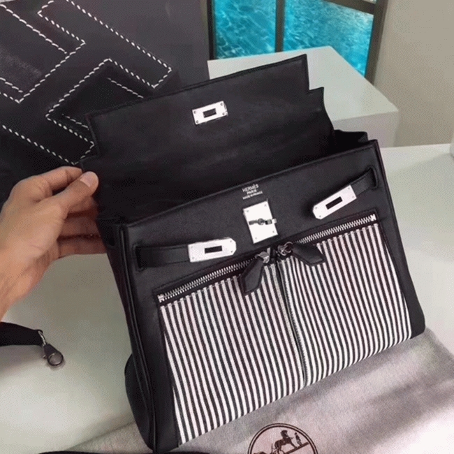Black Toile Swift Knockoff H**me5 Kelly Lakis 32cm Hybrid Bag
