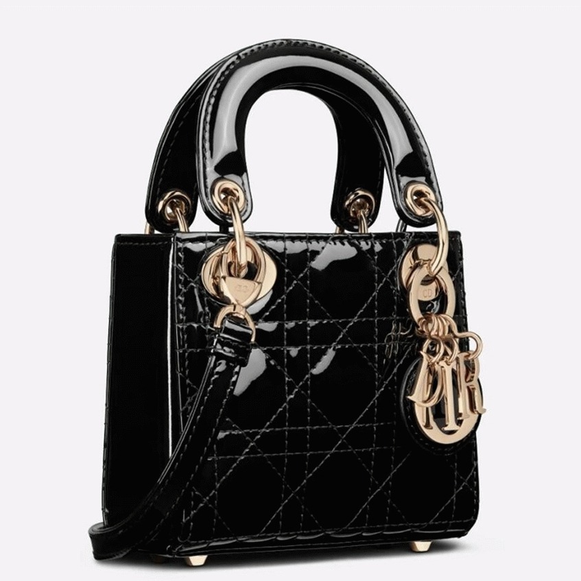 D10r Lady D10r Micro Bag Replica in Black Patent Cannage Calfskin