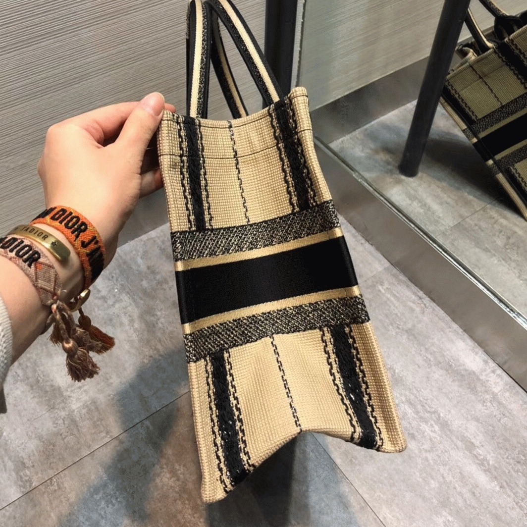 D10r Medium Book Tote Bag Fake in Black and Beige Bayadère Embroidered