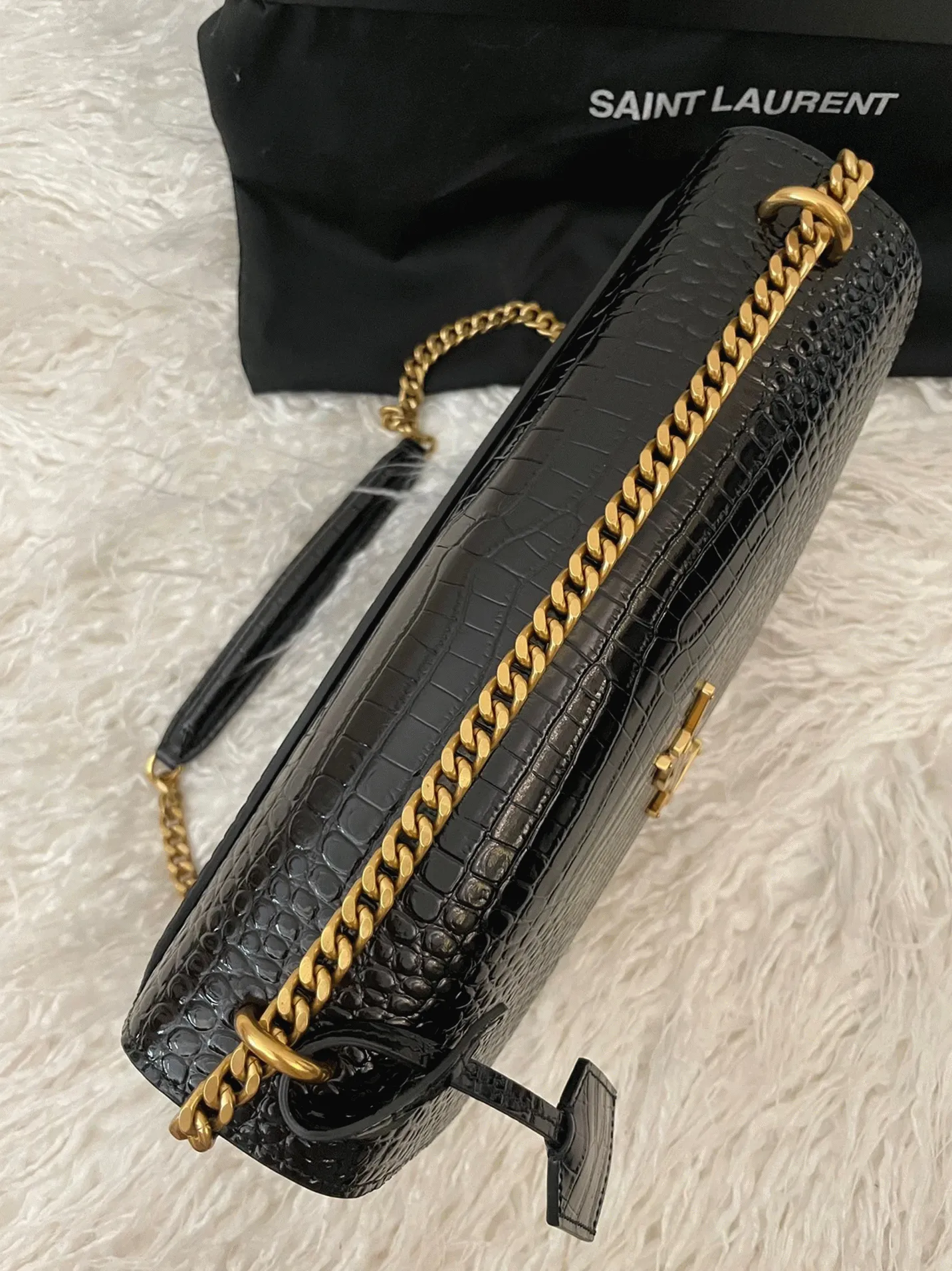 Fake Sa1nt Lau*nt Sunset Medium Chain Bag Black Crocodile-embossed Leather