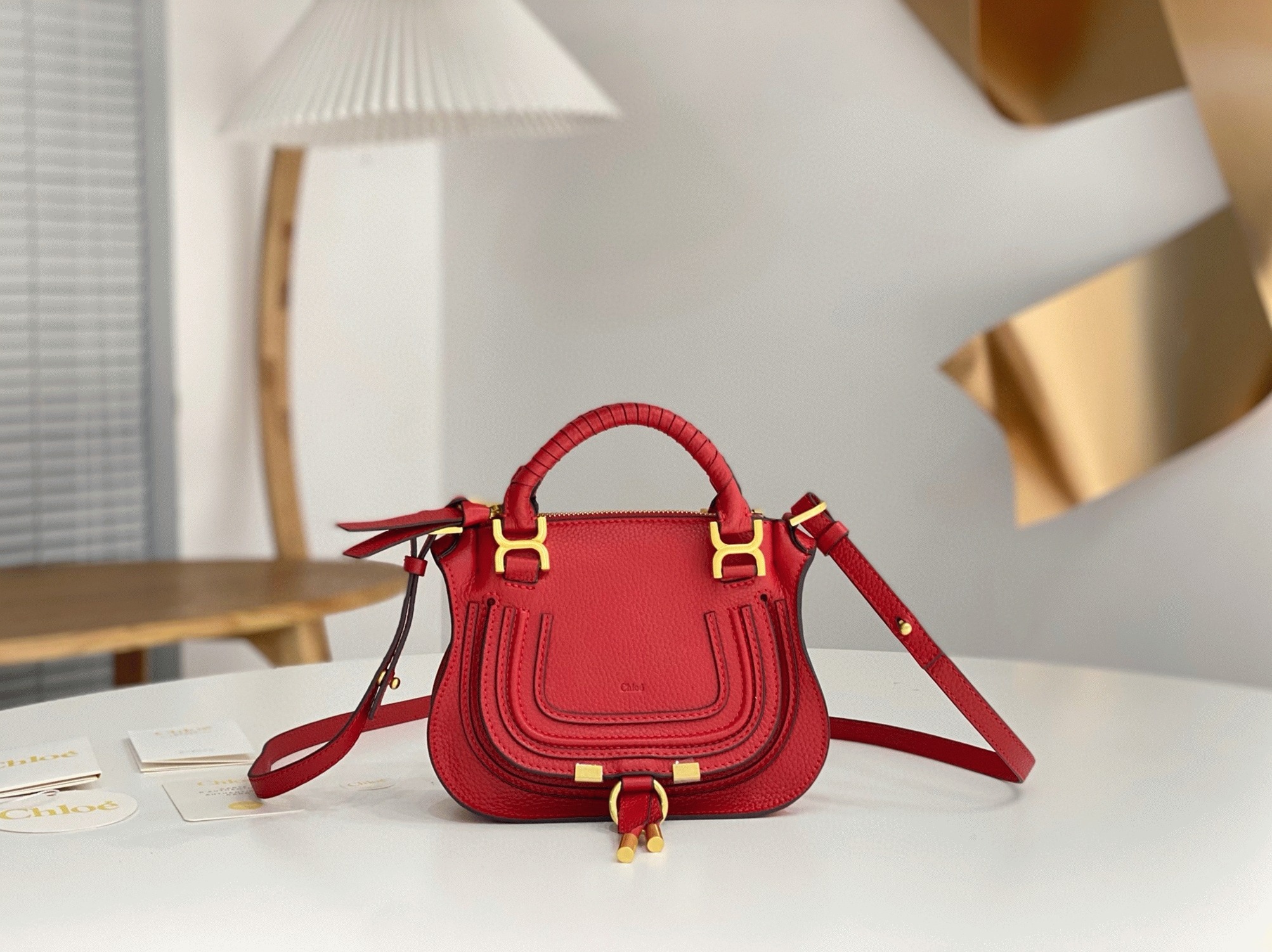 top quality knockoff Ch10e marcie mini double carry bag in red grained leather
