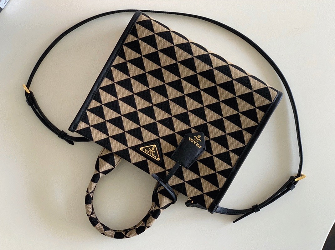 Pra*a Symbole Small Bag Replica in Black/Beige Jacquard Fabric