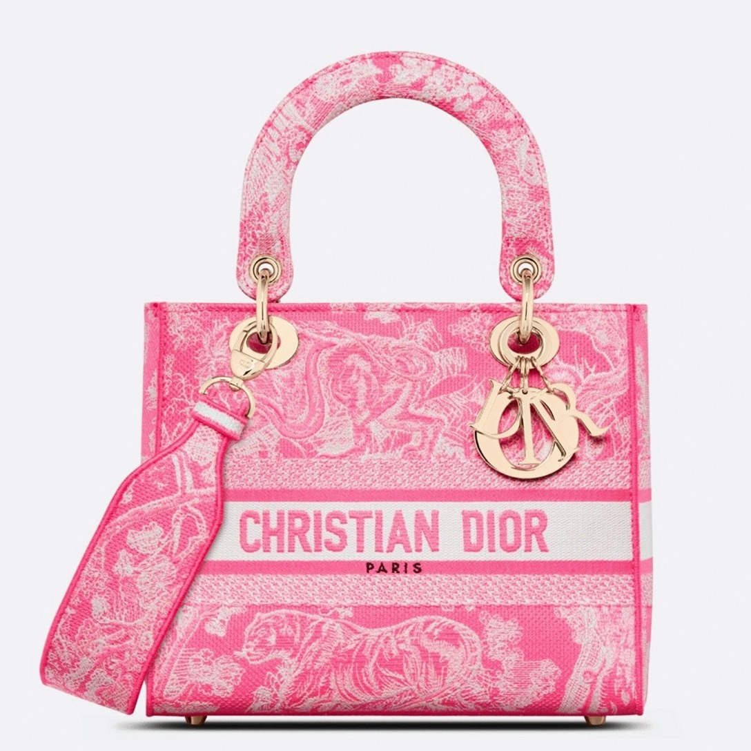 D10r Lady D-Lite Medium Bag Replica in Fluorescent Pink Toile de Jouy Reverse Embroidery