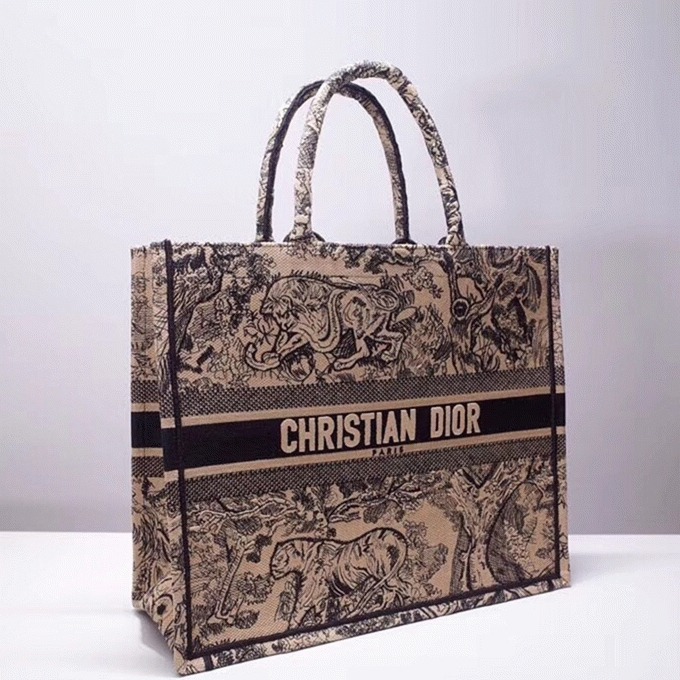 D10r Large Book Tote Bag Imitation in Blue Toile de Jouy Embroidery