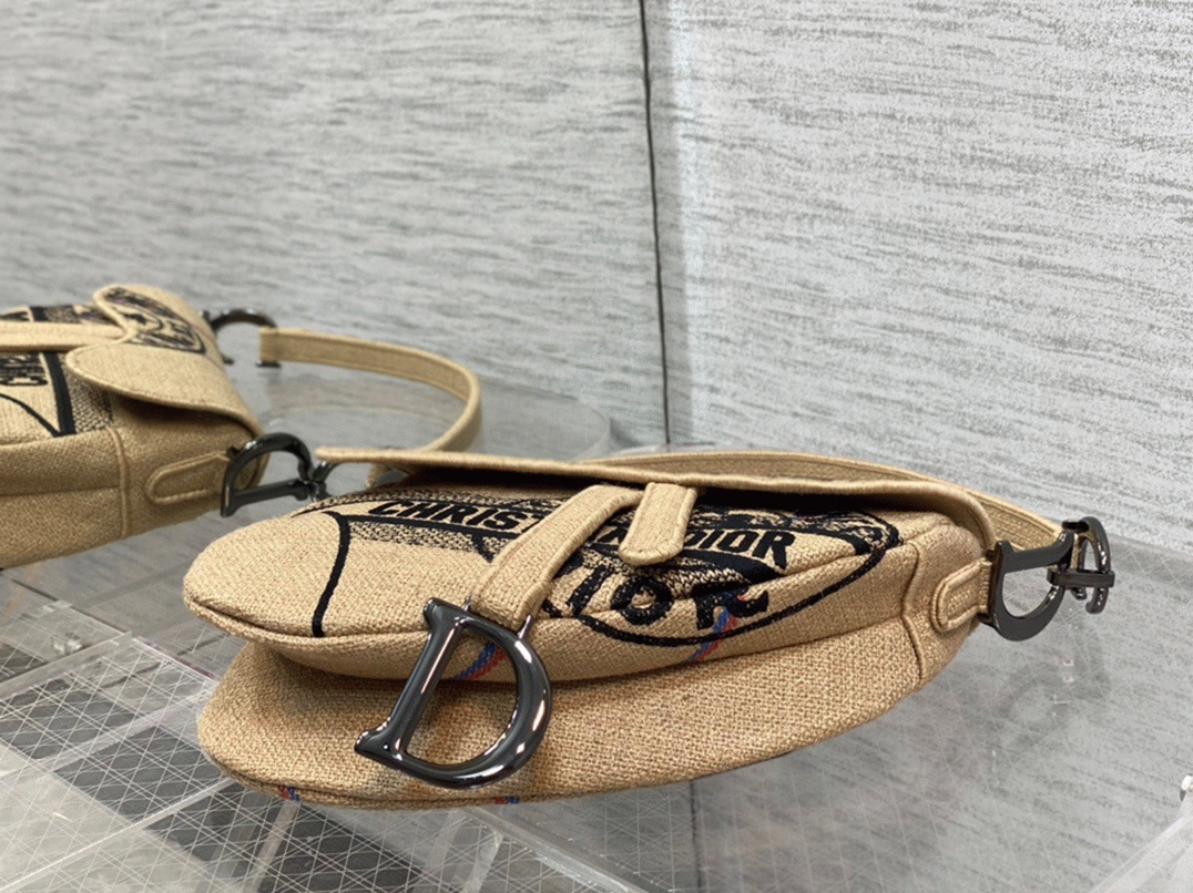 D10r Saddle Bag Knockoff in Beige Jute Canvas with D10r Union Motif