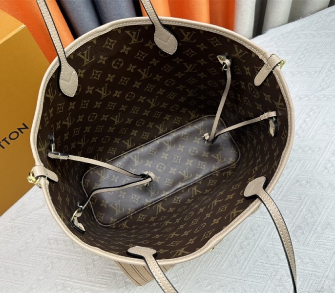 L0vis Vvtt0n Neverfull Bandouliere Inside Out MM Tote In Monogram Canvas And Beige Textile And Leather