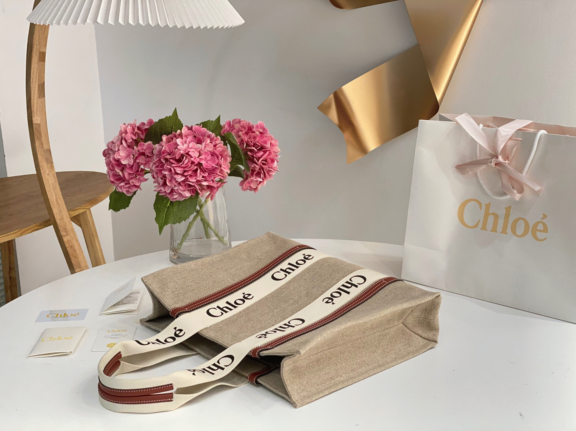 top quality fake Ch10e medium woody tote bag in canvas with tan leather strips