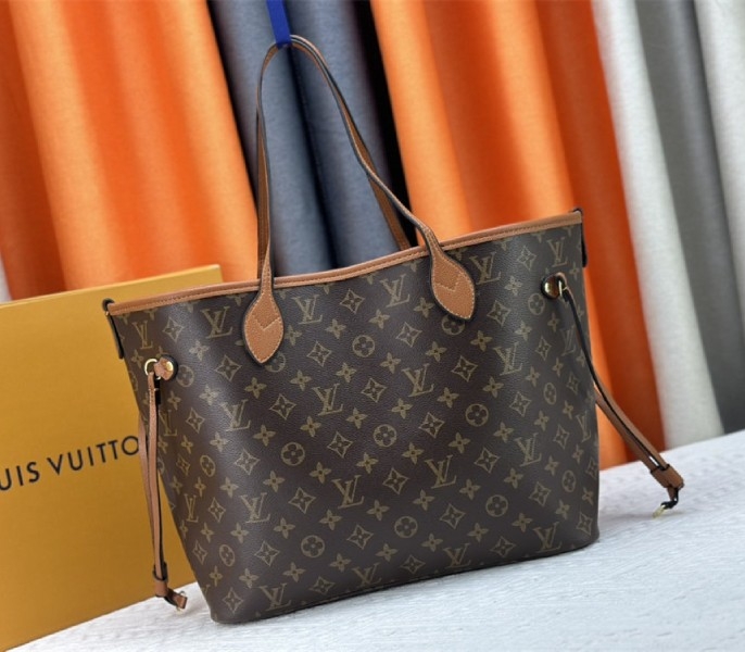 L0vis Vvtt0n Neverfull Bandouliere Inside Out MM Tote In Monogram Canvas And Brown Leather