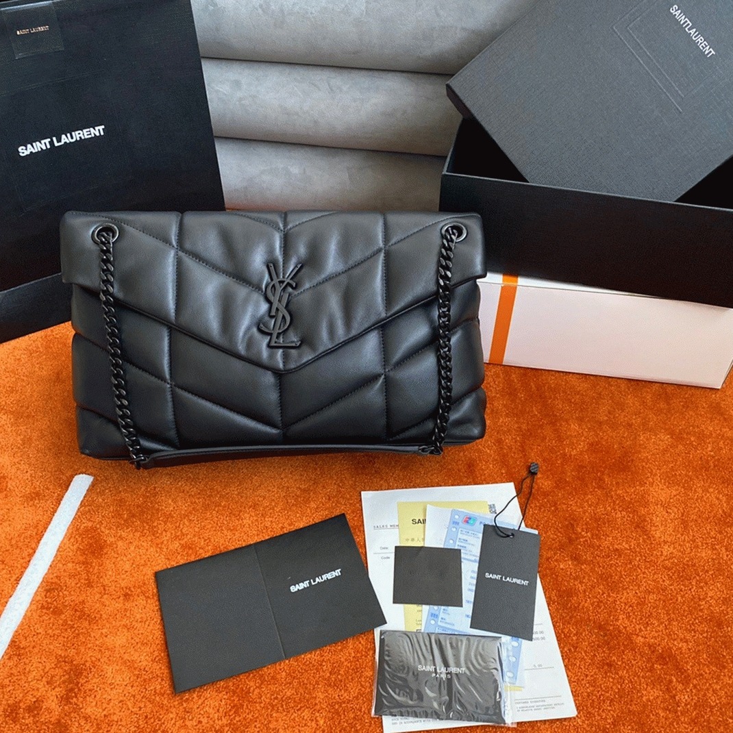 Sa1nt Lau*nt Puffer Medium Chain Bag All Black Lambskin