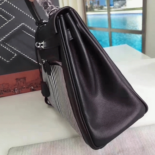 Black Toile Swift Knockoff H**me5 Kelly Lakis 32cm Hybrid Bag