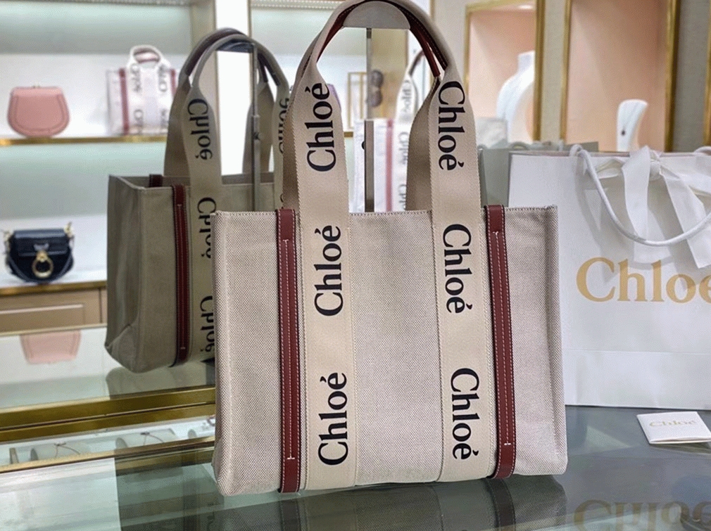 top quality faux Ch10e medium woody tote bag in canvas with brown leather strips