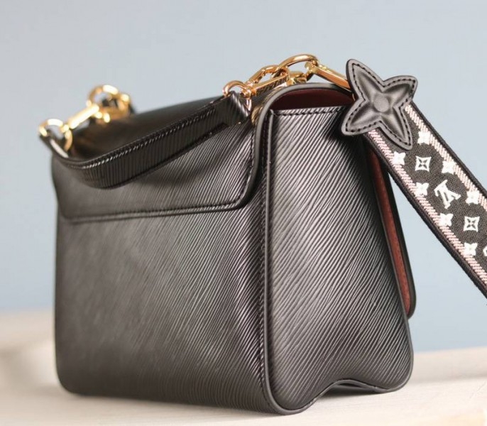 L0vis Vvtt0n Epi Leather Twist MM Handbag In Black With Embroidered Strap