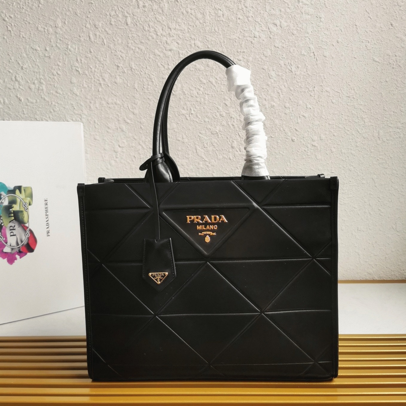 Pra*a Symbole Medium Bag Replica with Topstitching in Black