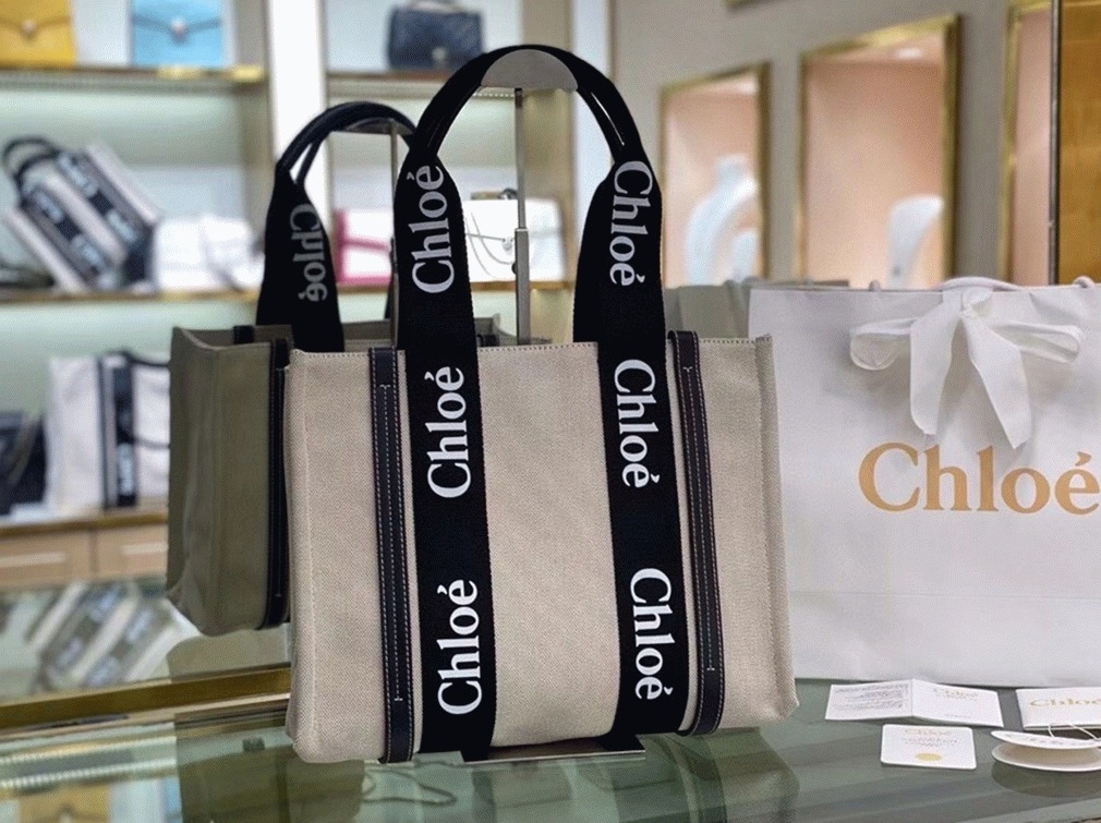 top quality fake Ch10e large woody tote bag in canvas with black leather strips