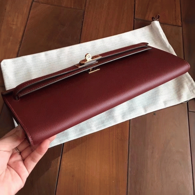 Bordeaux Epsom Fake H**me5 Kelly Cut Clutch Sleek Purse
