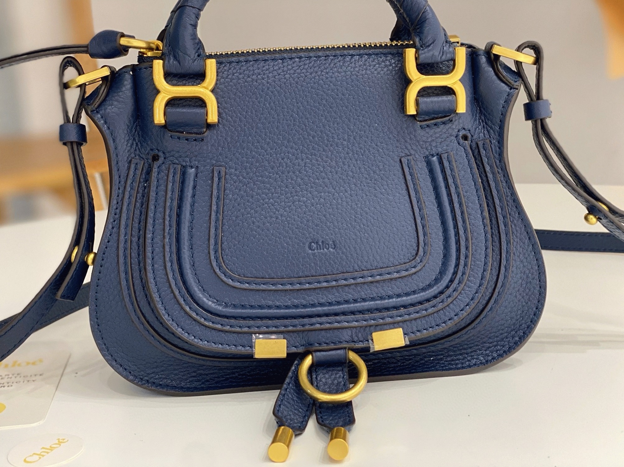 top quality fake Ch10e marcie mini double carry bag in blue grained leather