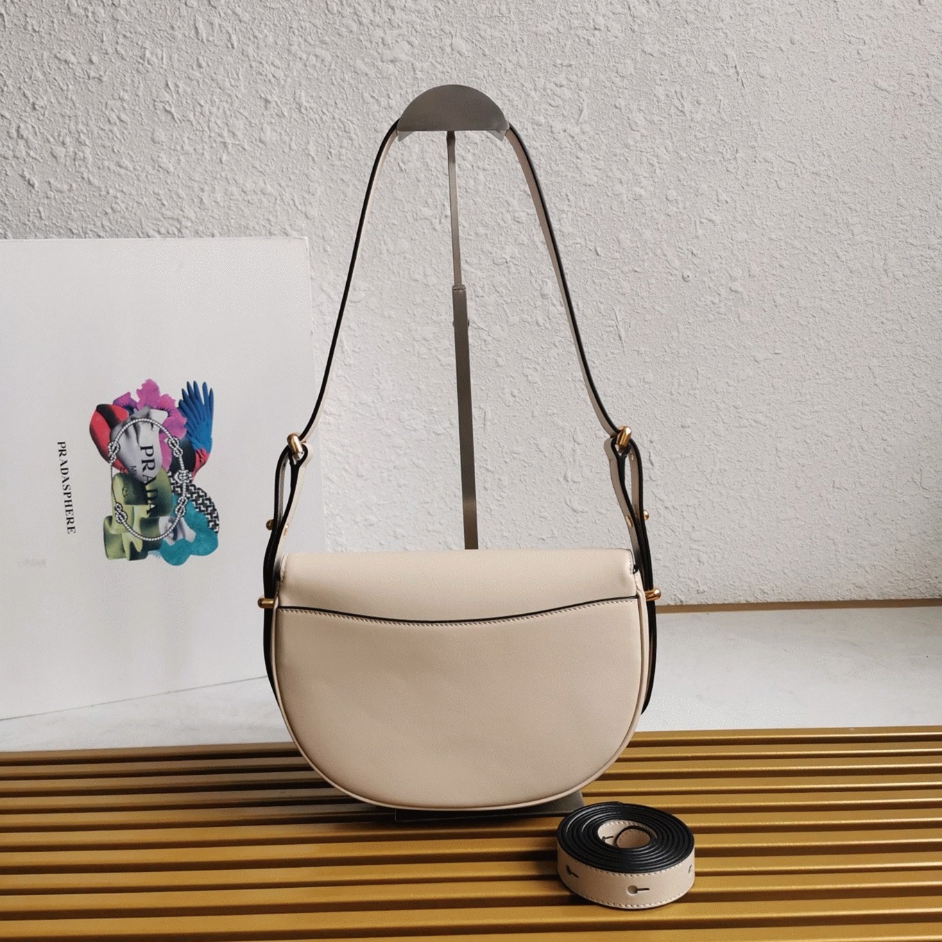 Pra*a Arque Shoulder Bag with Flap Replica in Beige