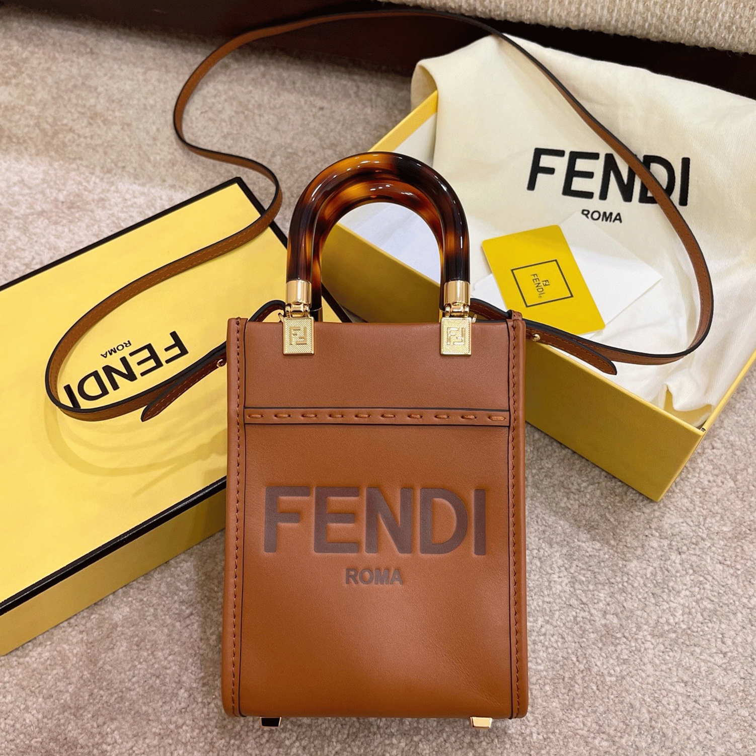 Top Quality Fake F**di Mini Sunshine Shopper Bag In Brown Leather