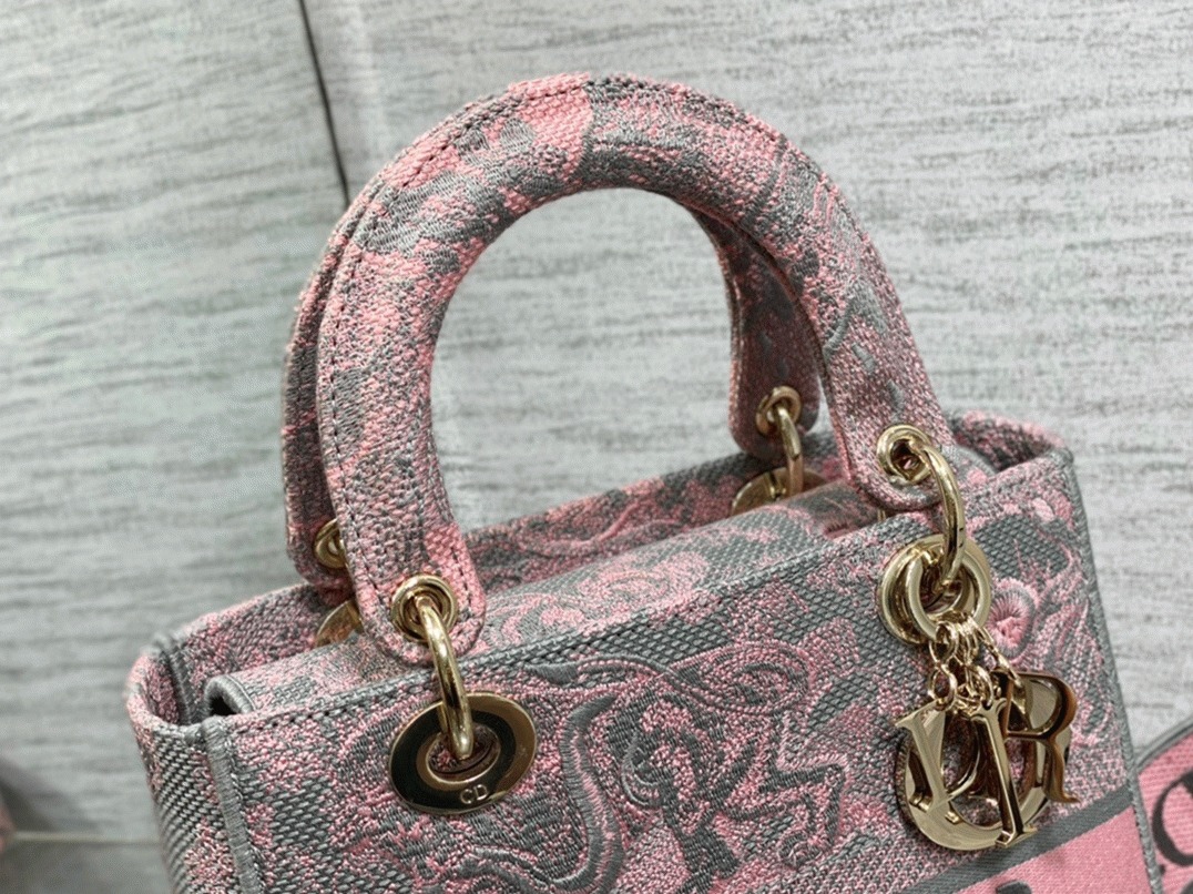 D10r Lady D-Lite Medium Bag Knockoff in Grey and Pink Toile de Jouy Reverse Embroidery