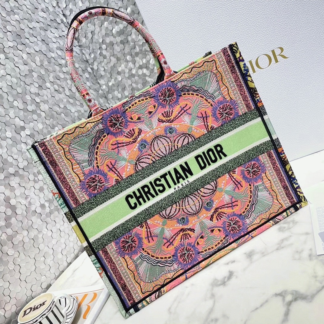 D10r Large Book Tote Bag Fake in Multicolor Lights Embroidery