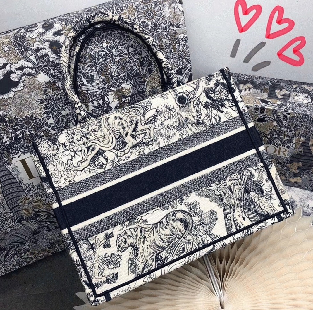 D10r Medium Book Tote Bag Replica in Blue Toile De Jouy Embroidery