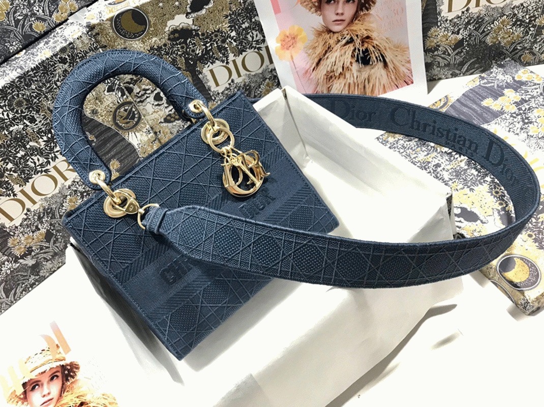 D10r Lady D-Lite Medium Bag Fake in Blue Cannage Embroidered Canvas