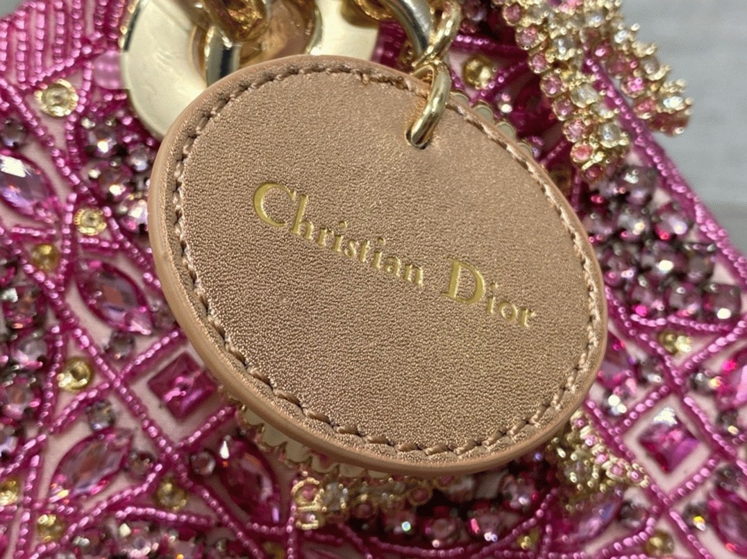 D10r Lady D10r Mini Chain Bag Fake in Satin with Pink Resin Pearl Embroidery