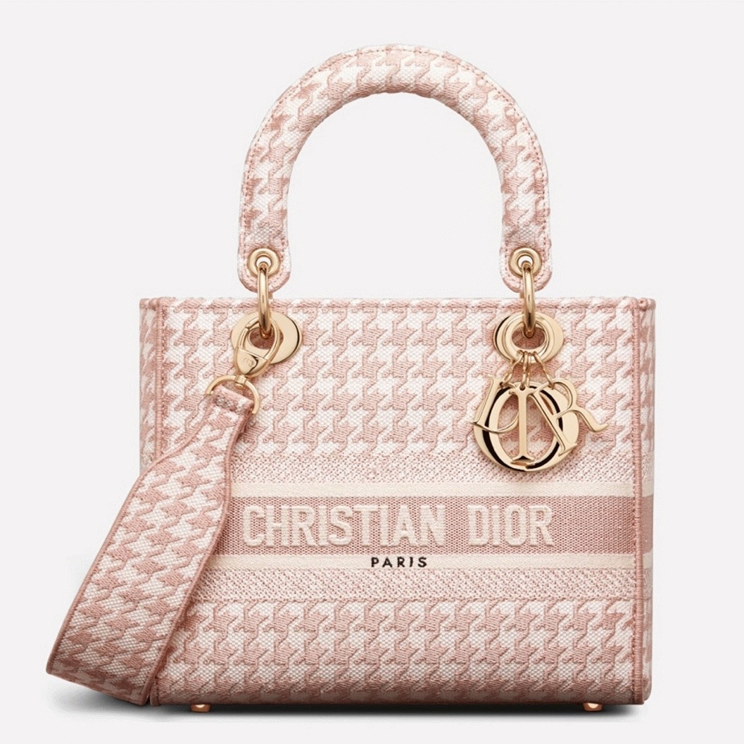 D10r Lady D-Lite Medium Bag Knockoff in Pink White Houndstooth Embroidery