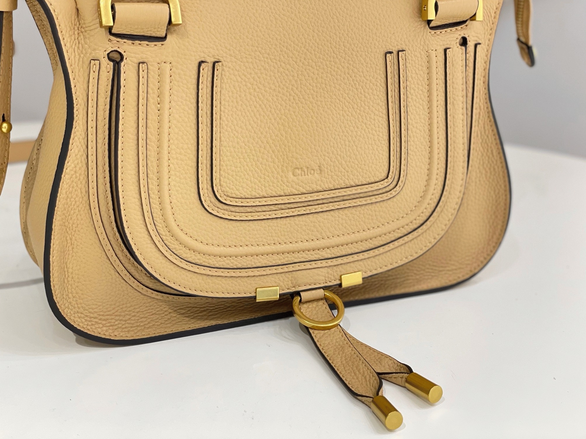 top quality fake Ch10e marcie small double carry bag in beige grained leather