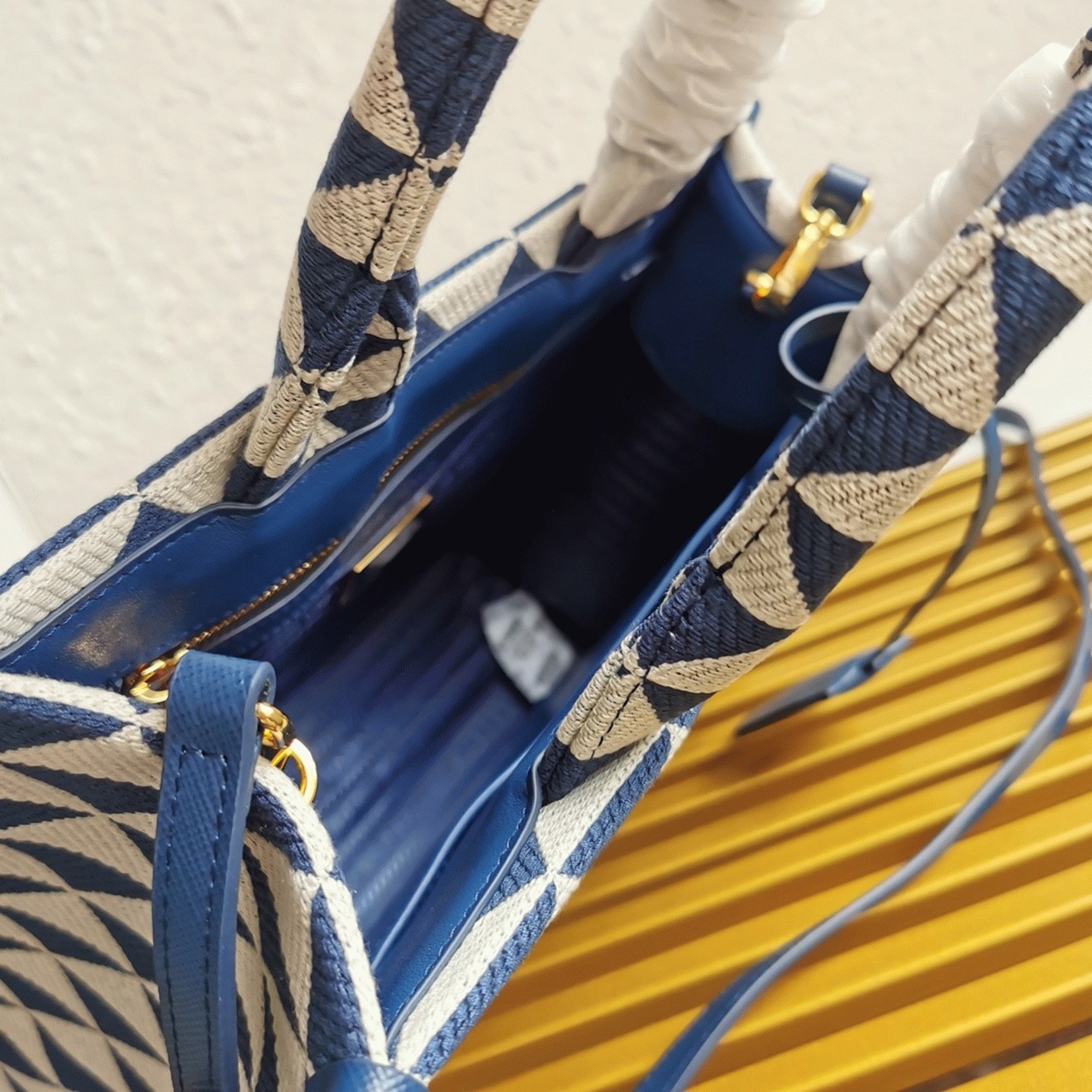 Pra*a Symbole Small Bag Knockoff in White/Blue Jacquard Fabric