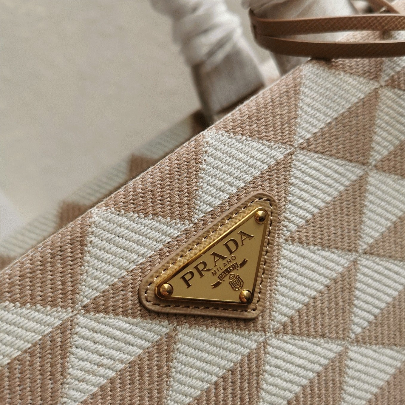 Pra*a Symbole Large Bag Knockoff in Beige/White Jacquard Fabric