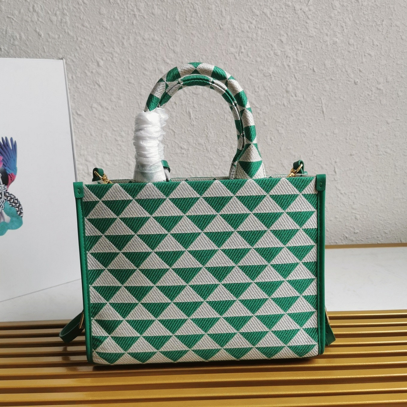 Pra*a Symbole Small Bag Replica in Green/White Jacquard Fabric