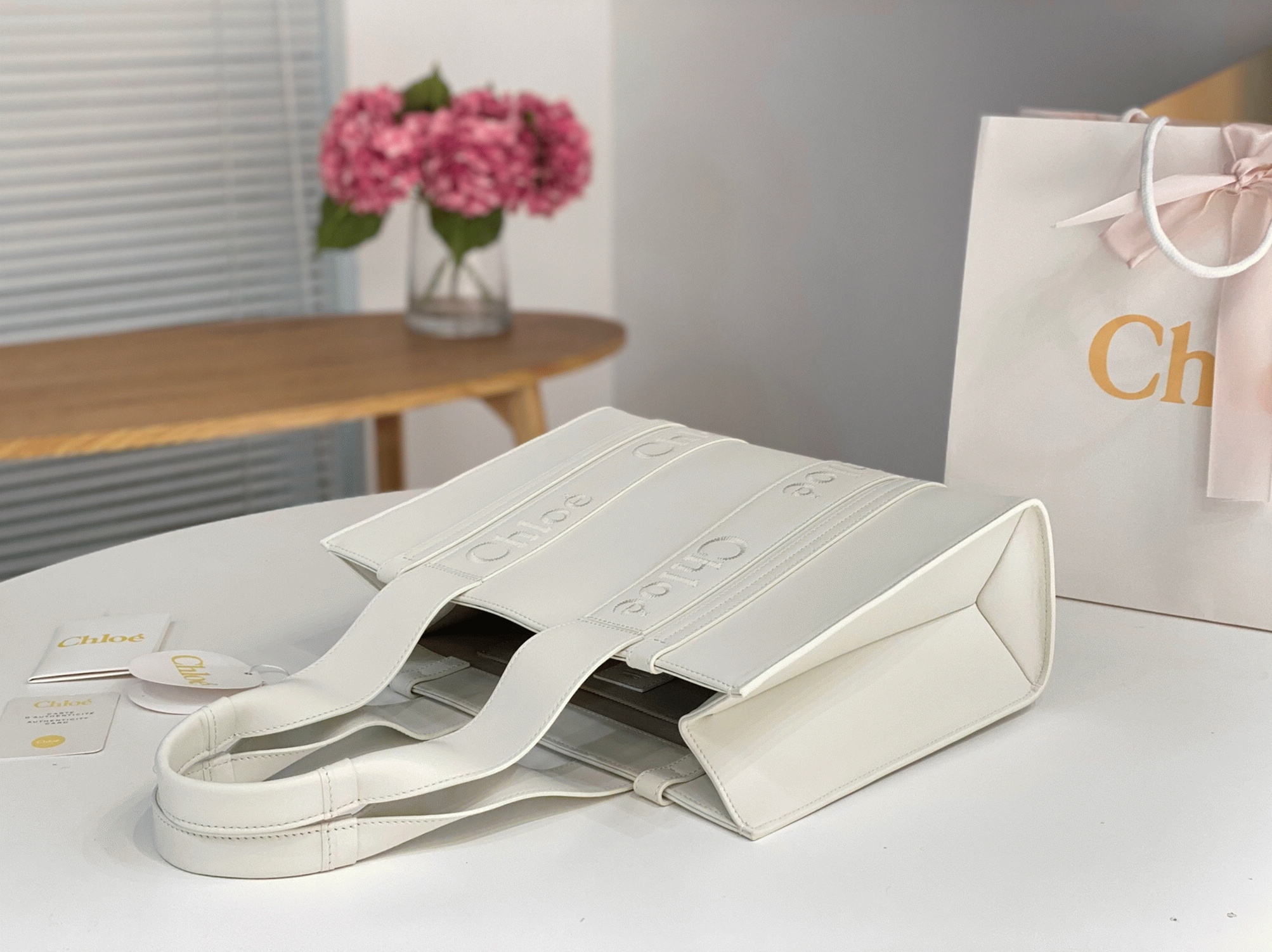 top quality fake Ch10e woody medium tote bag in white calfskin