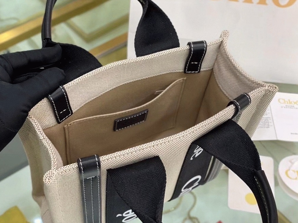top quality replica Ch10e small woody tote bag in canvas with black leather strips