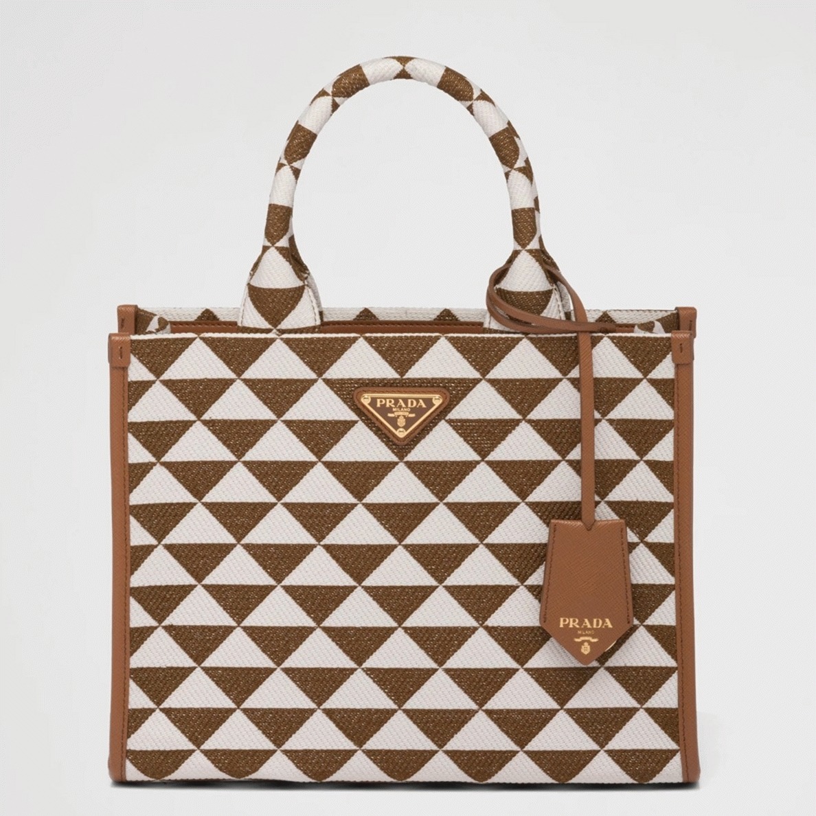 Pra*a Symbole Small Bag Knockoff in White/Brown Jacquard Fabric