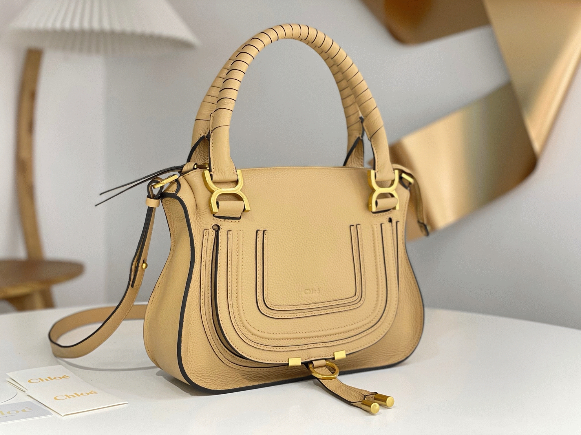 top quality fake Ch10e marcie small double carry bag in beige grained leather