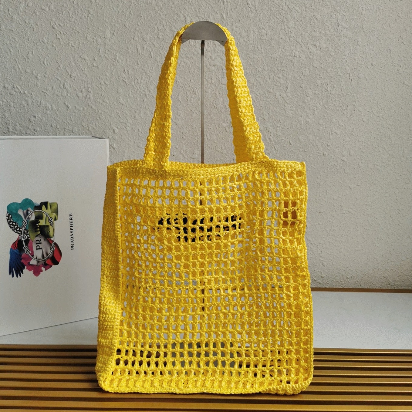 Pra*a Small Tote Bag Replica in Yellow Woven Raffia