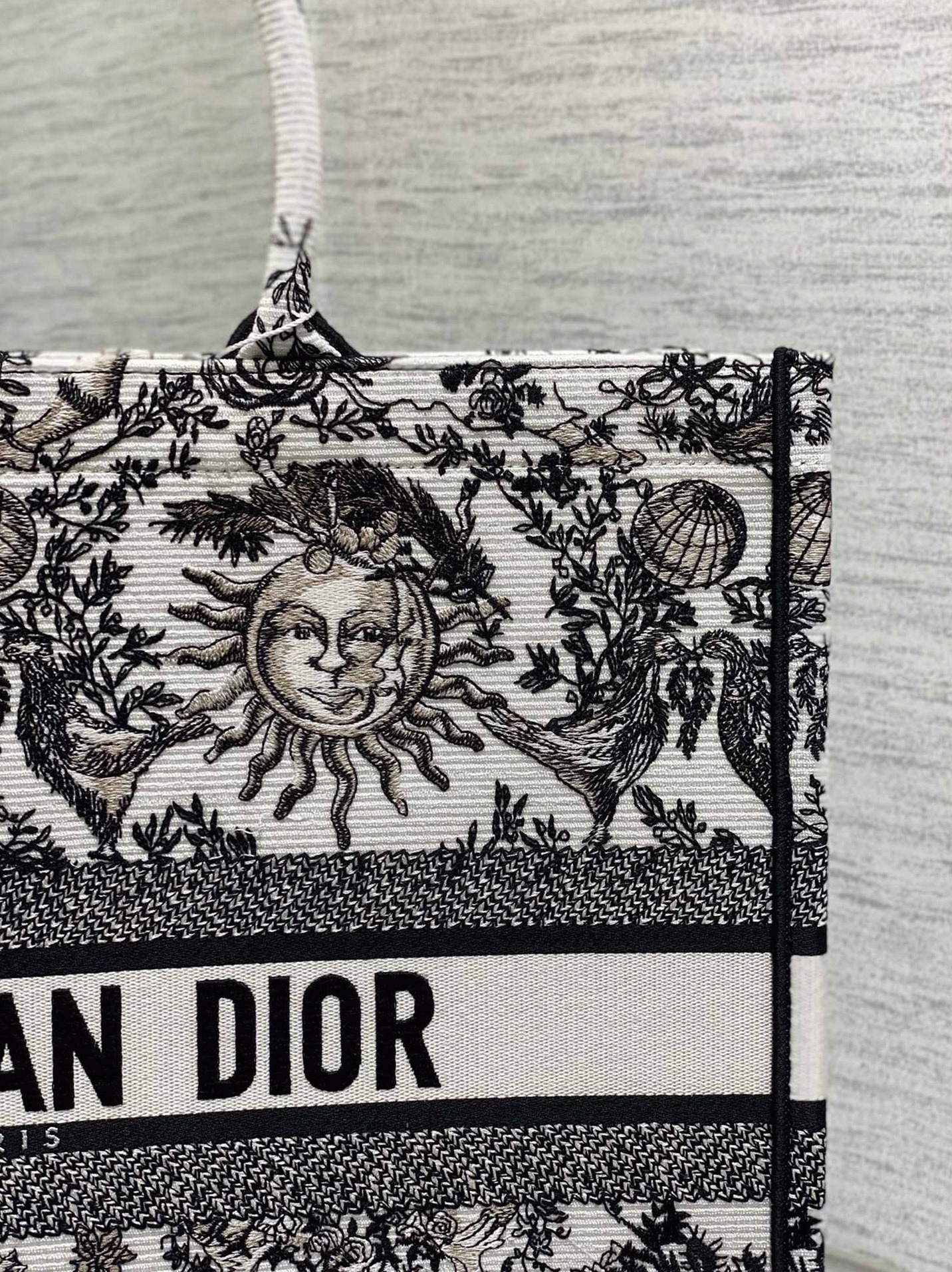 D10r Large Book Tote Bag Fake in White Toile de Jouy Soleil Embroidery