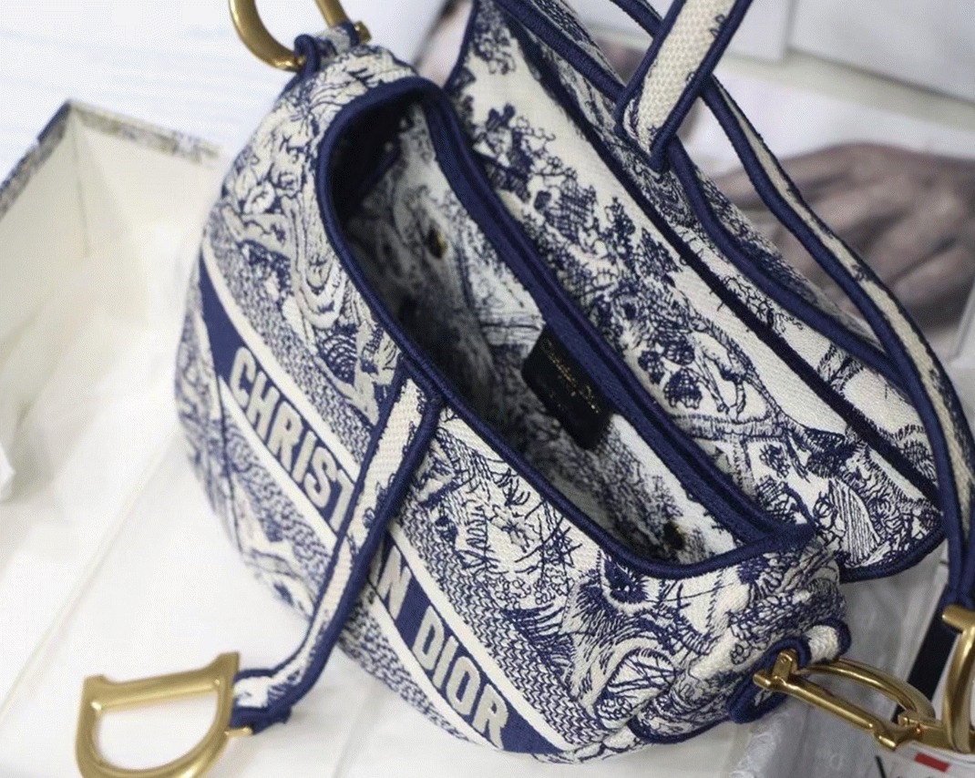 D10r Saddle Bag Replica in Blue Toile de Jouy Embroidery