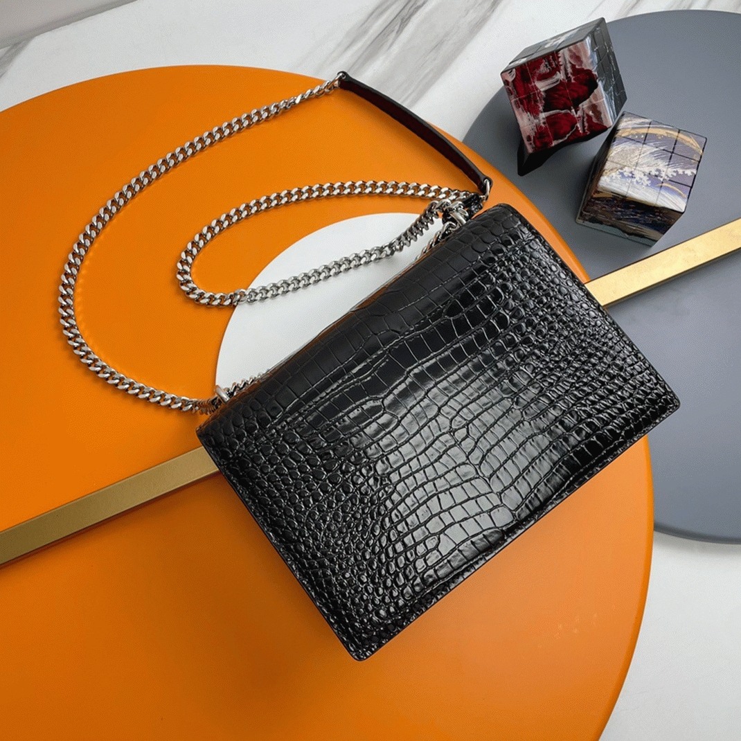 Fake Sa1nt Lau*nt Sunset Medium Chain Bag Noir Crocodile-embossed Leather